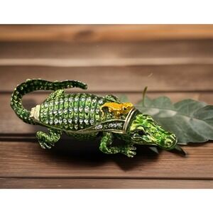 Alligator-And-Baby Hinged Bejeweled‎ Enamel Trinket Box 4.25"L Beautiful New